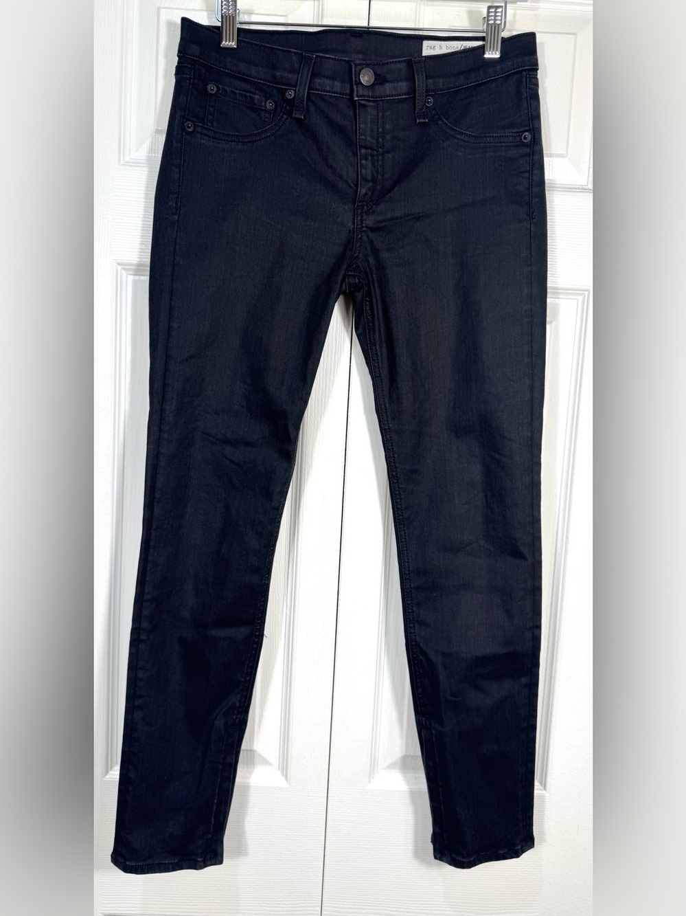 rag & bone Zip Ankle Skinny Jeans Black Coated Stretch Denim Size 29